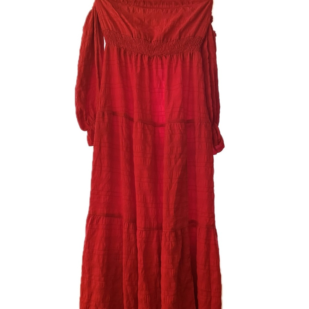 SHEIN Red Ruched Tiered Maxi Dress with Bishop Sleeves